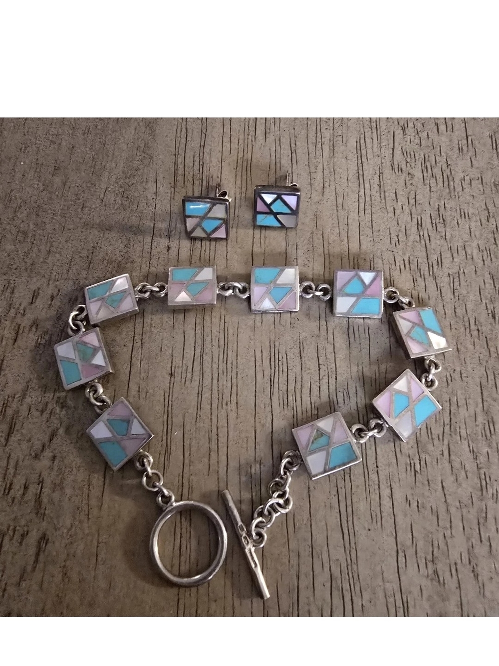 Vintage  NF 925 Turquoise Mother Pearl Sterling Silver  Bracelet & Earrings